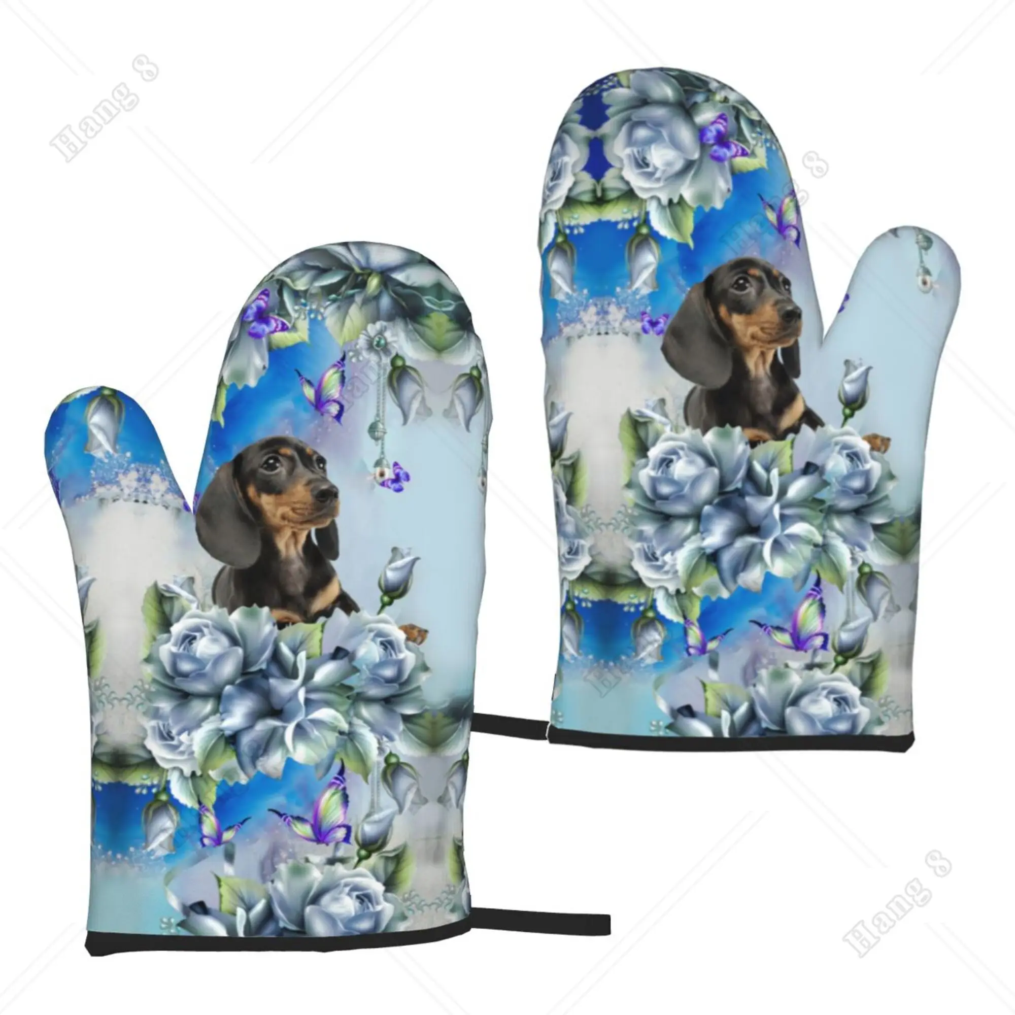 

Cute Dachshund Dog Blue Flowers Set of 2 Kitchen Gloves Women Men Oven Gloves Heat Resistant for BBQ Cooking Microwave Ovens