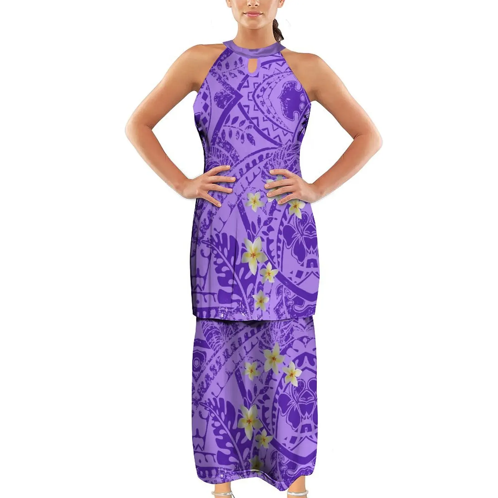 Pacific Spring/Summer Women'S Floral Print Neck With Sleeveless Double Layer Dress Comfort Fabric Custom Polynesian Puletassi