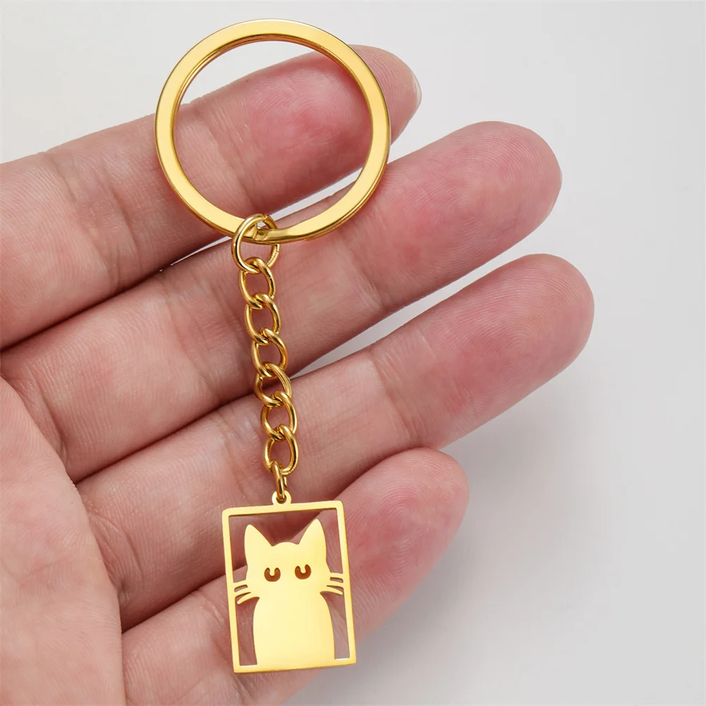 My Shape Cute Cat Keychain Creative Animal Kitten Key Ring Rectangle Pendant Stainless Steel Bag Car Keychains Hip Hop Jewelry