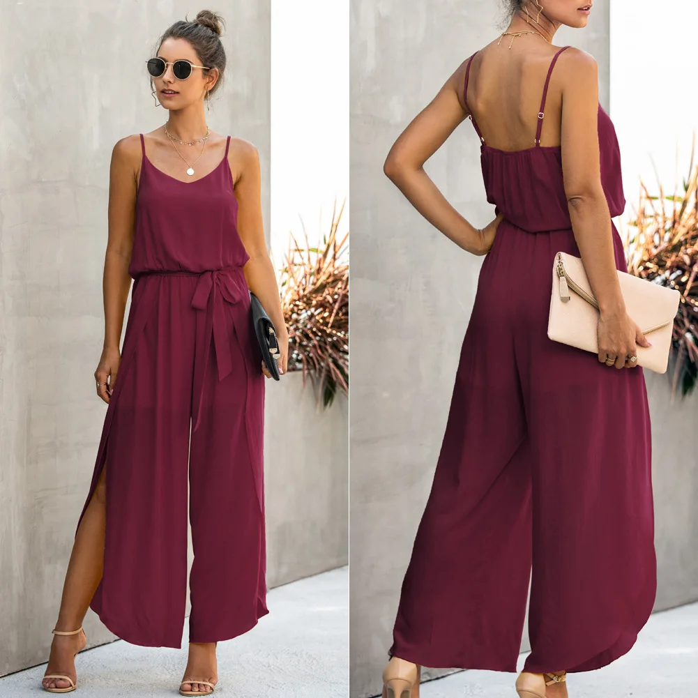 

2026 Spring/Summer New Collection in Stock Women's Fashion V-neck Strap Wide Leg Side Split Women's jumpsuit