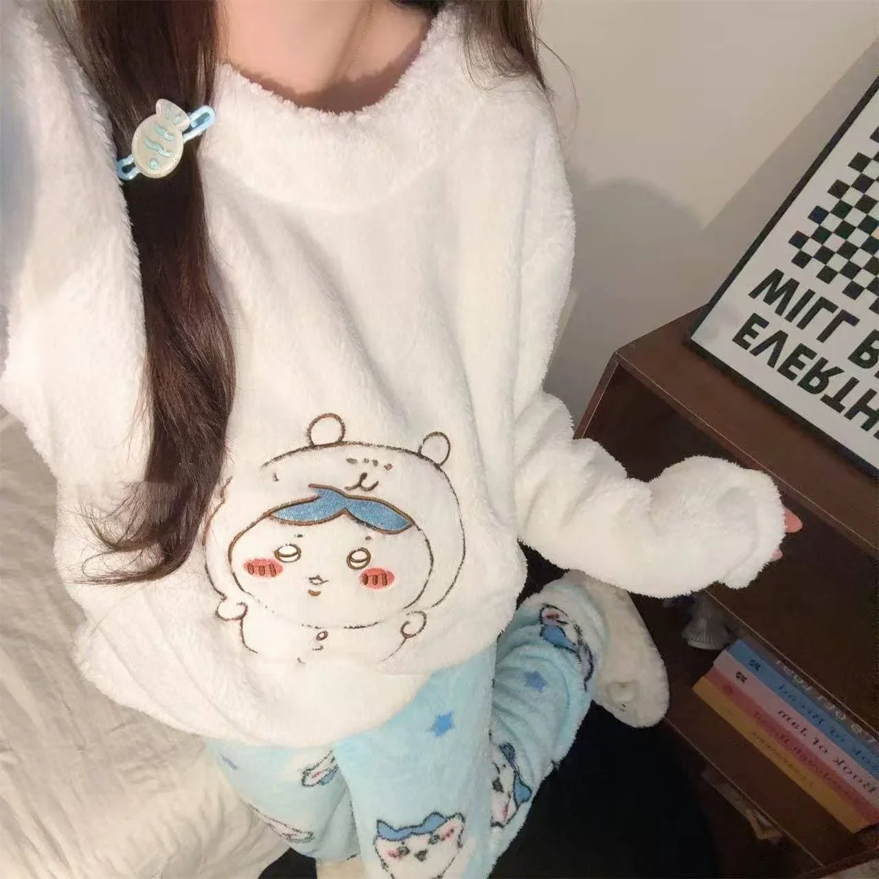 Cute Anime Usagi Pajamas Set Fleece Top Allover Cartoon Print Trousers Ladies Cozy Warm Flannel Home Sleepwear Family Matching 5