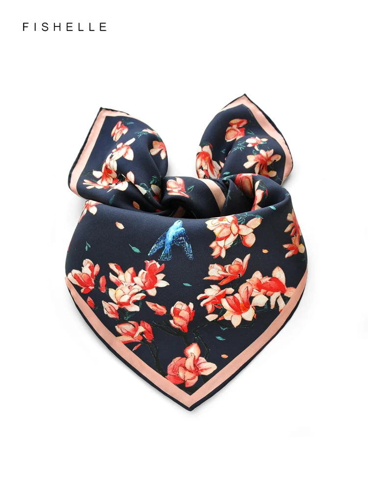 Chinese style Magnolia Flower Bird Printed Women Natural Silk Scarf Lady Luxury Gift Handkerchief Spring Autumn Female Hair Band