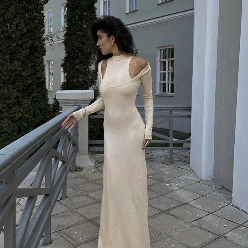 アプリバント レディース セクシー カットアウトショルダー マキシ丈ワンピース スリム モックネック 長袖 ロングドレス 2025 秋冬新作 ストリート パーティーウェア