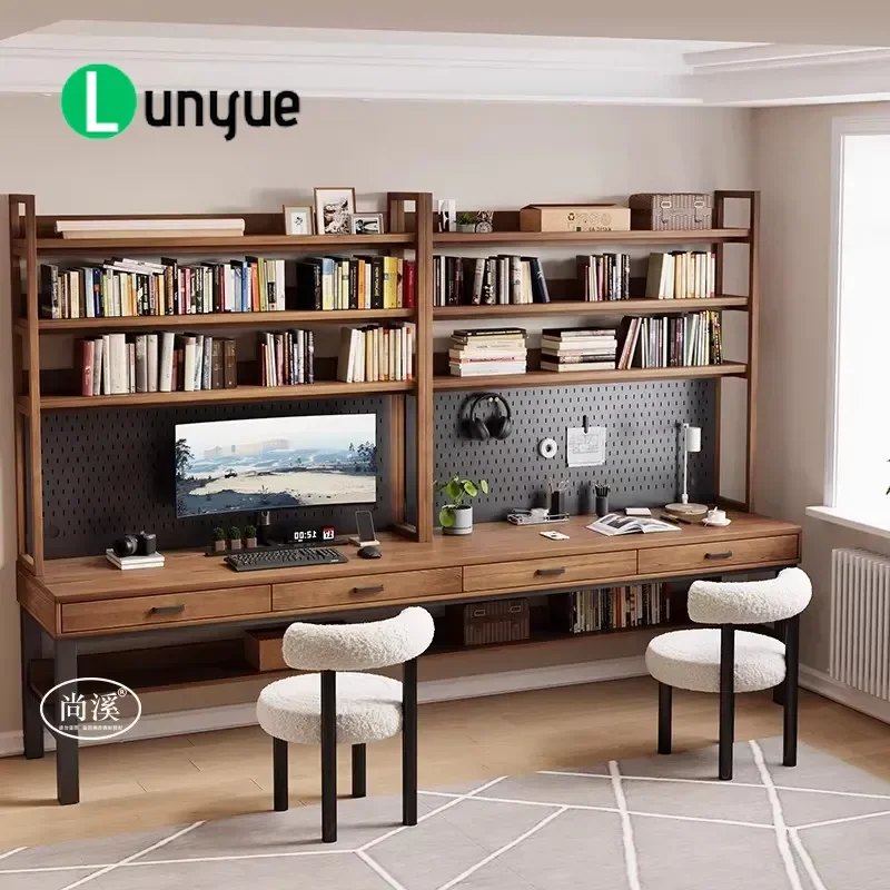 Solid wood desk, bookshelf, hole board integrated against the wall, computer desk, double long table, study table, writing