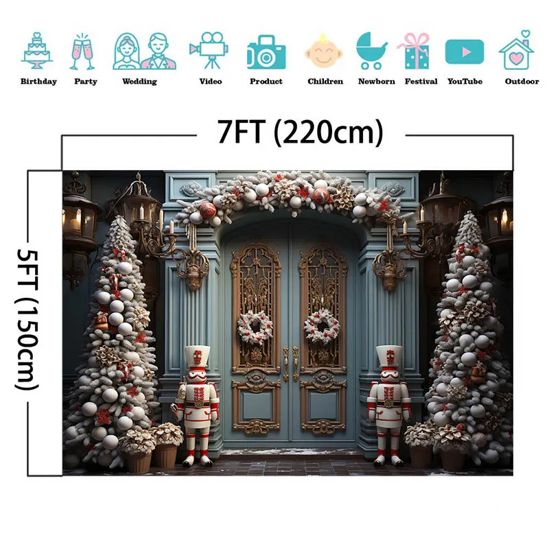 Christmas Tree Toy Soldier Photography Backdrop Winter Blue Classic Door Decor Photocall Kids Birthday Portrait Photo Background
