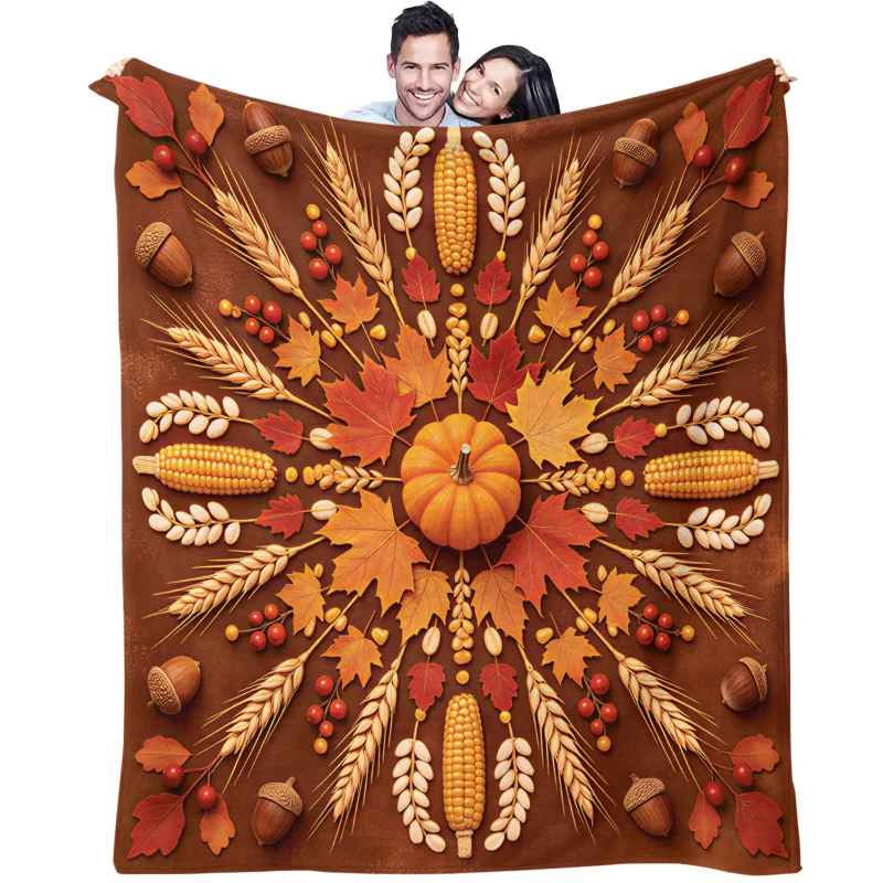 Fall Pumpkin Maple Digital Print Flannel Blanket Throw Blanket Warm Blanket Gift Blanket Soft Cozy for Sofa Bed Camping Autumn