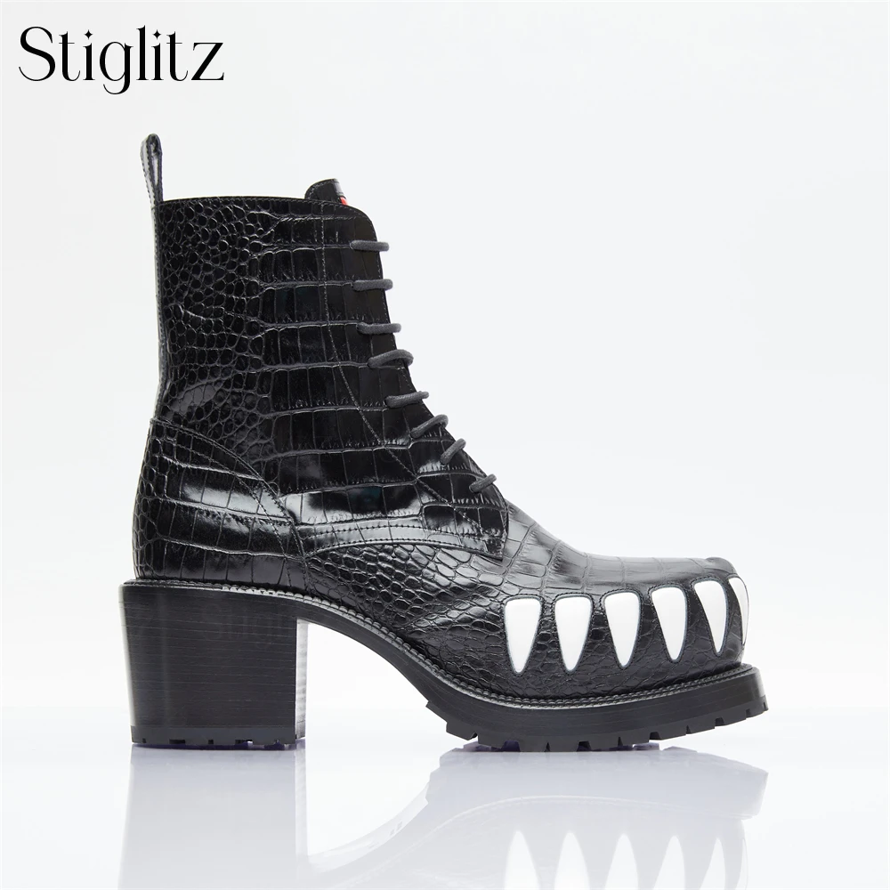 White Teeth Black Leather Boots Croc Embossed Lace up Ankle Boots 70mm Chunky Heel Fashion Boots Designer Style Handmade Boots