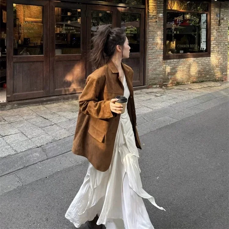 Caramel Suede Jaet Women's Suiting Leather Coat American Sle Loose Fit Regular Length Button Closure ort Outerwear