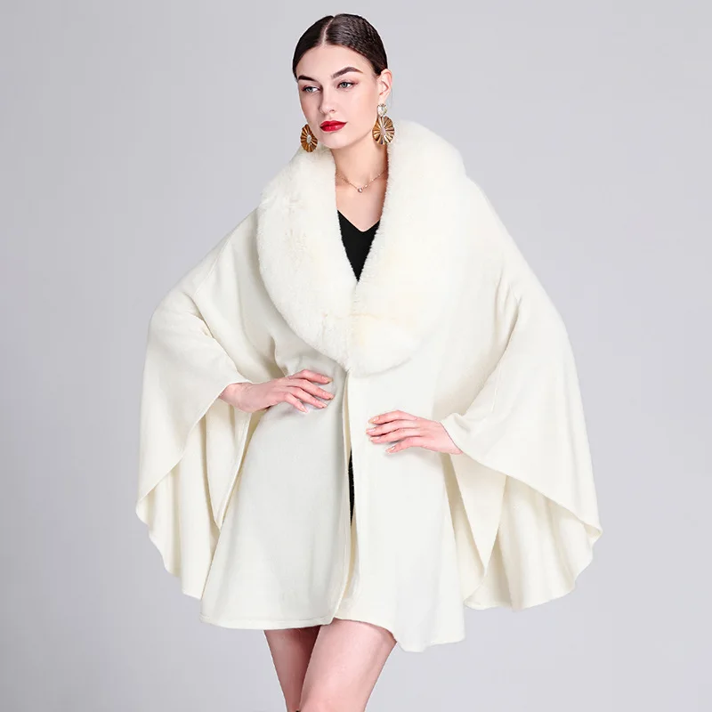 

Autumn Winter Women Big Faux Rabbit Fur Neck Poncho Cape Thick Cardigan Overcoat Loose Shawl Cloak Bat Type Knitted Wedding Wrap