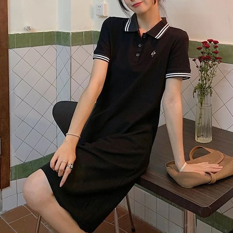 2023 Summer Fashion Age Reducing POLO Collar Panel Button Embroidery Short Sleeve Chic Student Casual Loose Sports T-shirt Skirt