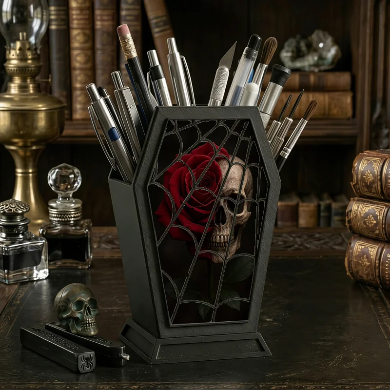Gothic Skull & Red Rose Pen Holder Spider Web Pattern Pencil Cup Spooky Desktop Stationery Organizer Halloween Home Office Desk