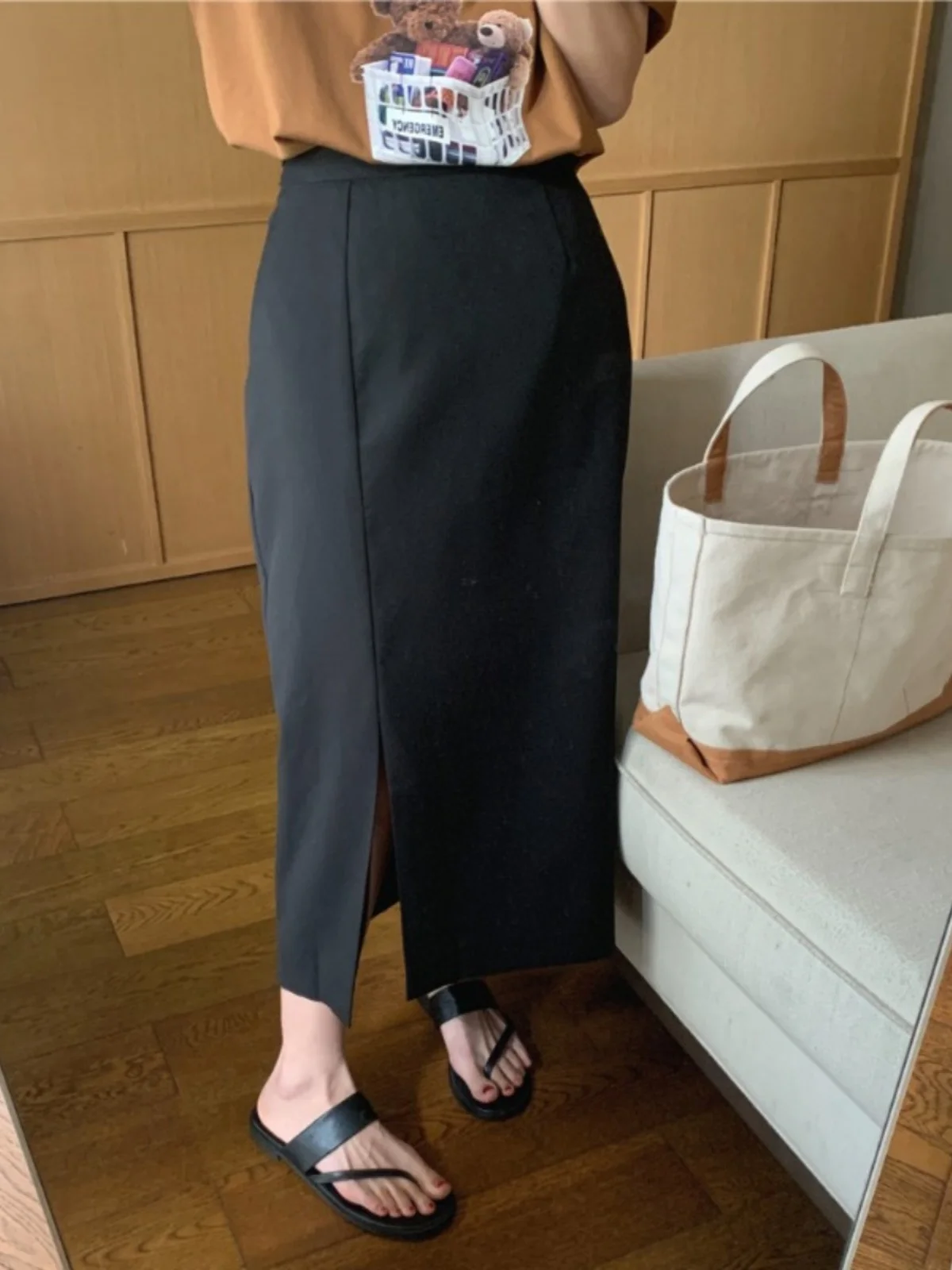 

Faionable High Waist A-Line Skirt for Women Ele Pure Color Slimming Split Design Commute Sle Mid-Length Skirt