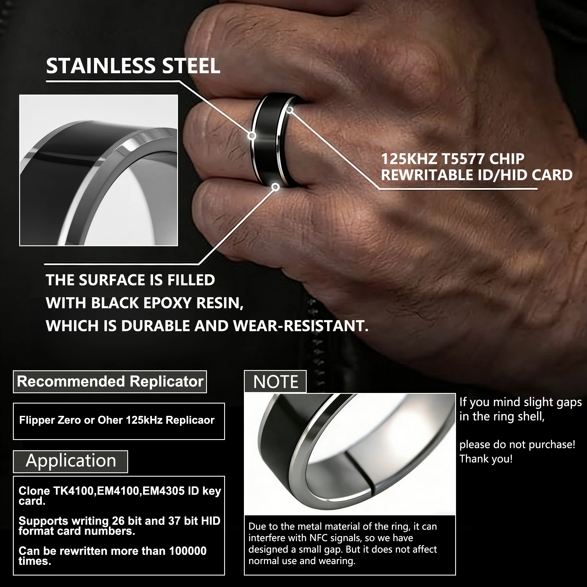 Stainless Steel Metal 125kHz T5577 RFID Ring, Suitable for Both Men and Women, Comfortable to Wear, Rewritable TK4100/EM4100
