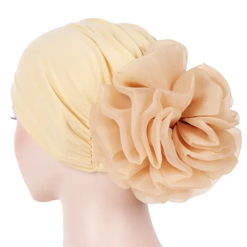 Helisopus Women Muslim Solid Color Turban Big Flower Design Headband Ladies Elastic Headwear Hair Loss Cover Accessories