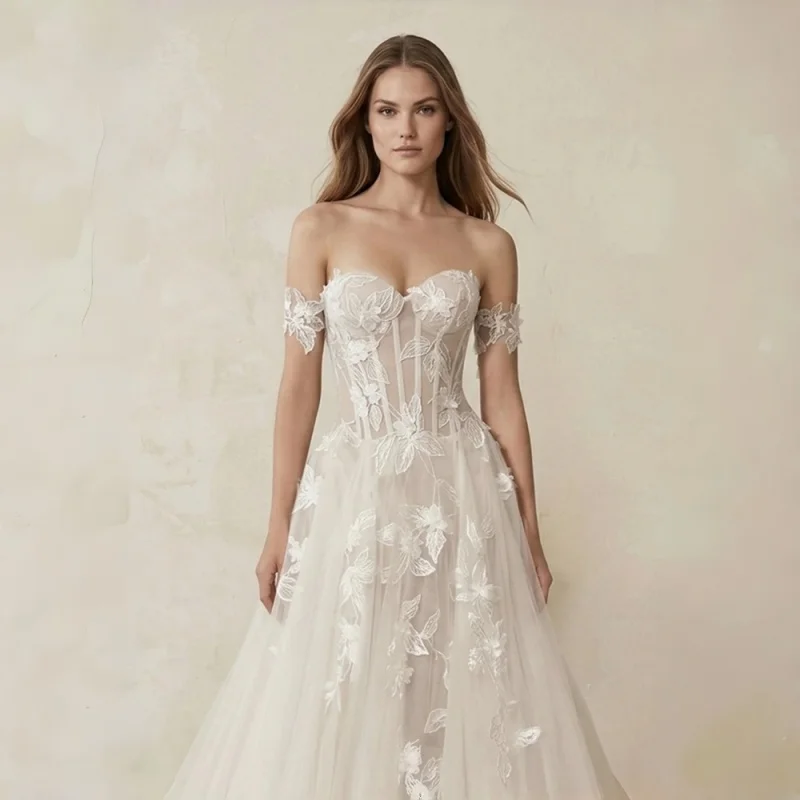 Off The Shoulder Tulle A Line Corset Appliqued Wedding Dress In Lvory Corset Bodice With Off Shoulder Lace Sleeves Evening Gowns