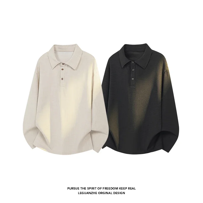 Male Autumn Lapel Long Sleeve Polo Shirt Heather Slub Textured Cloth Relaxed Silhouette For Outdoor Travel Matching Style