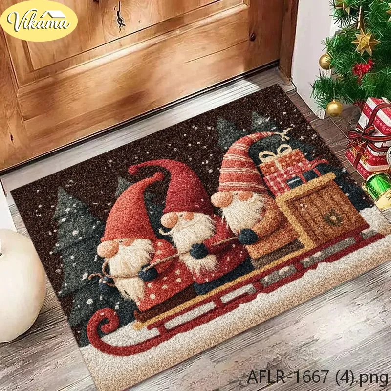 VIKAMA Christmas Gnomes on Sleigh Doormat Gifts Winter Forest Merry Welcome Mat Entryway Rug Front Porch Xmas Decor