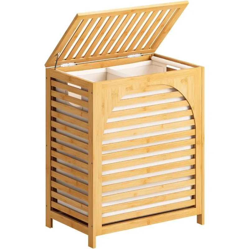 

Laundry Hamper with Lid, 27.3 Gallon (103L) Bamboo Wood Clothes Laundry Basket with Lid and Handles, Removable Liner
