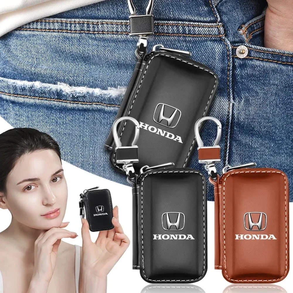 

1Pcs Leather Emblem Car Key Case Keychain Zipper Key Case Bag for Honda Civic Accord Crv Hrv Fit Jazz City Odyssey Jade Vezel