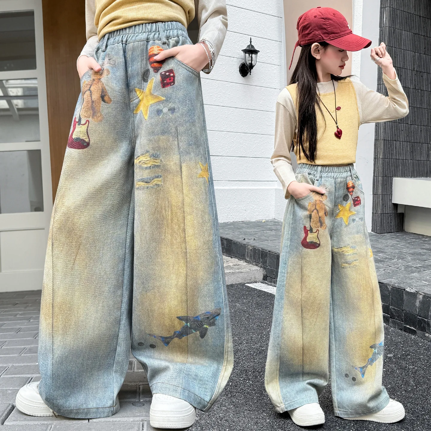 Frühling Herbst Teenager-Mädchen Bedruckte Jeans Kinder Amerikanische Straßenmalerei Gerade Weite Beine Denim-Hosen Kinderhosen