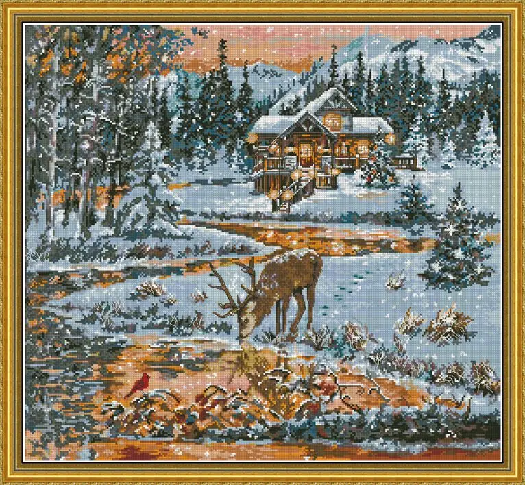 Cross Stitch Kit Luca-S BU4022 Deer by the River in front of the Snowhouse 28ct 32ct 14ct Metallic fabric Embroidery  Kit