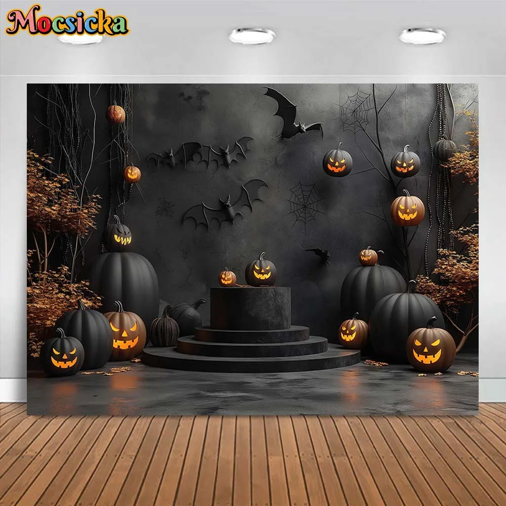 Mocsicka fondo de fotografía de Halloween, pared negra oscura, suelo, calabaza malvada, murciélago, Horror, decoración de fiesta, utilería de fondo de foto para niños