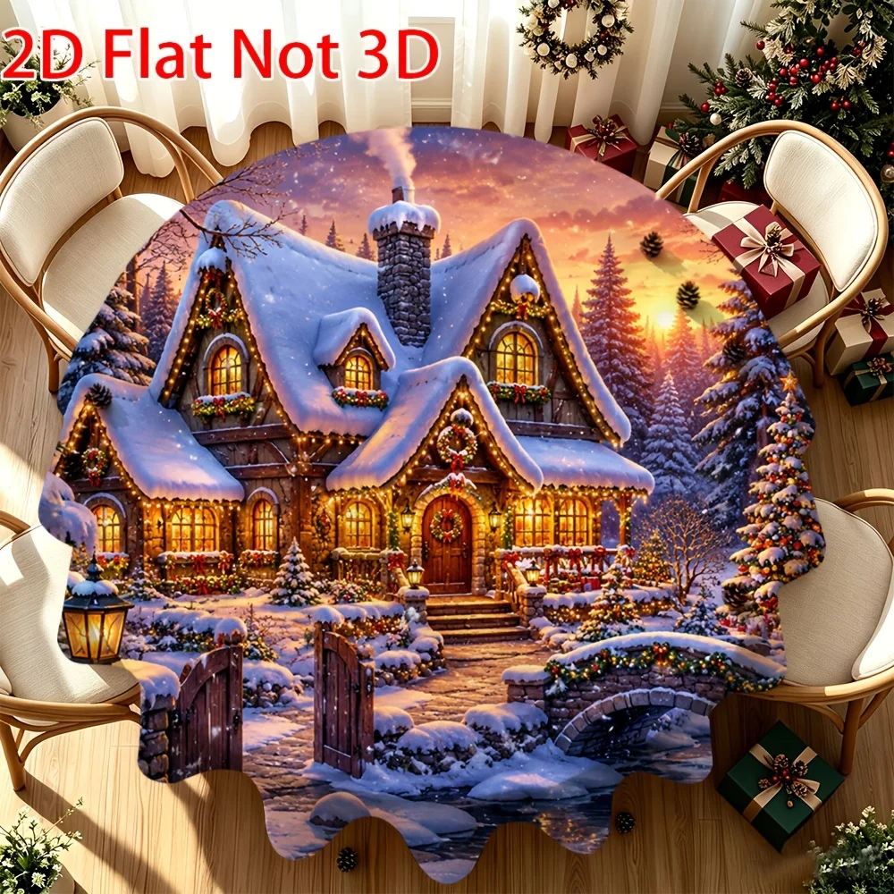 2D flat, JIT, 1pc, tablecloth, winter christmas hut, patterned round tablecloth, halloween