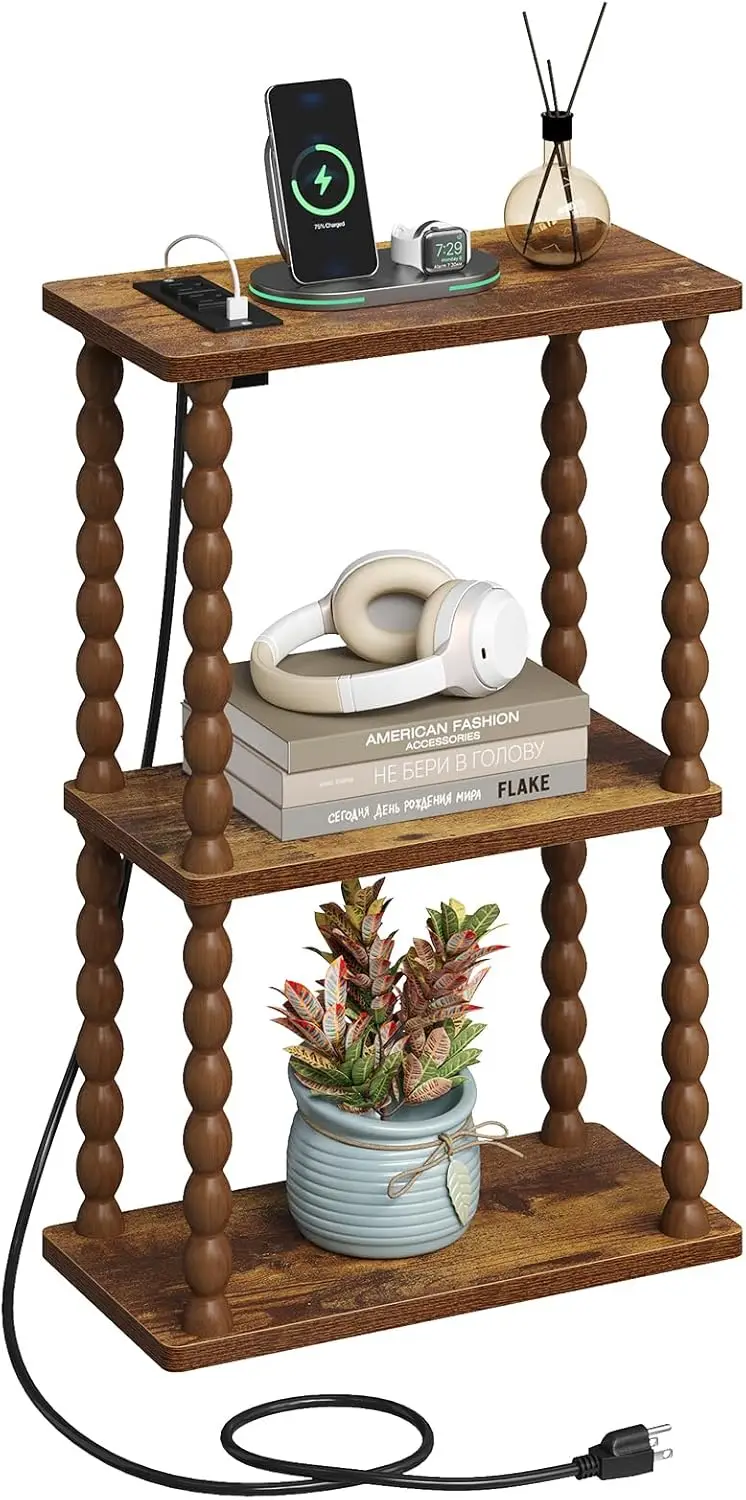 

Side Table with Charging Station, Small End Tables Living Room with USB Port and Outlet, 3-Tier Narrow Bedside Table Nightsta