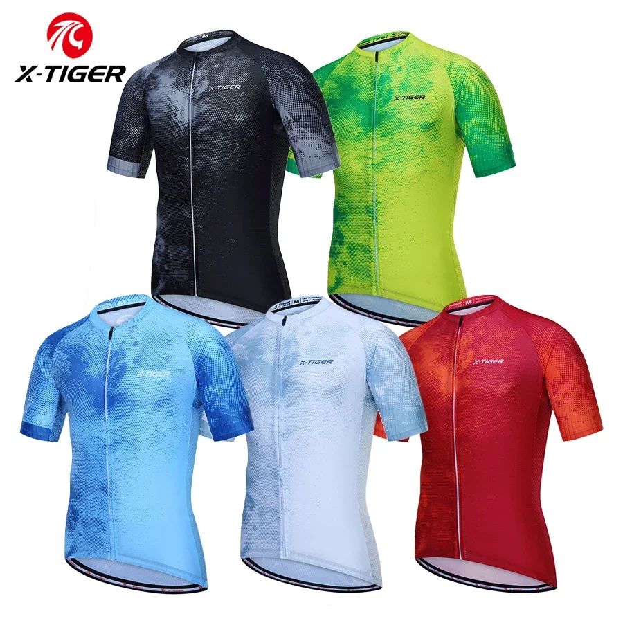 Ｘ-TIGER Cycling Jersey Men Short Sleeve Cycling Fit Lightweight Fabric Simple Chinese Style Cycling Shirt with 4 Back Pockets