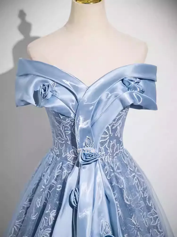 ブルーウエディングイブニングパーティードレス女性オフショルダーアップリケゲストウェディングドレス豪華なカスタマイズされたフォーマルな機会のドレス