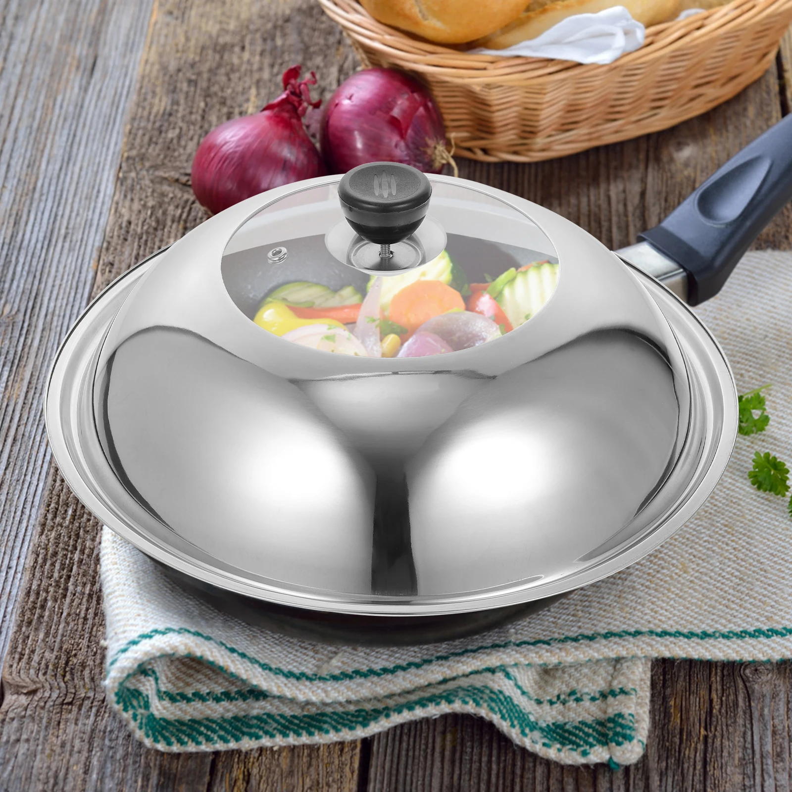 

34cm Microwave Splatter Combination Pot Lid Wok Replacement Stainless Steel Pan Cover Tempered Glass Steam Vent