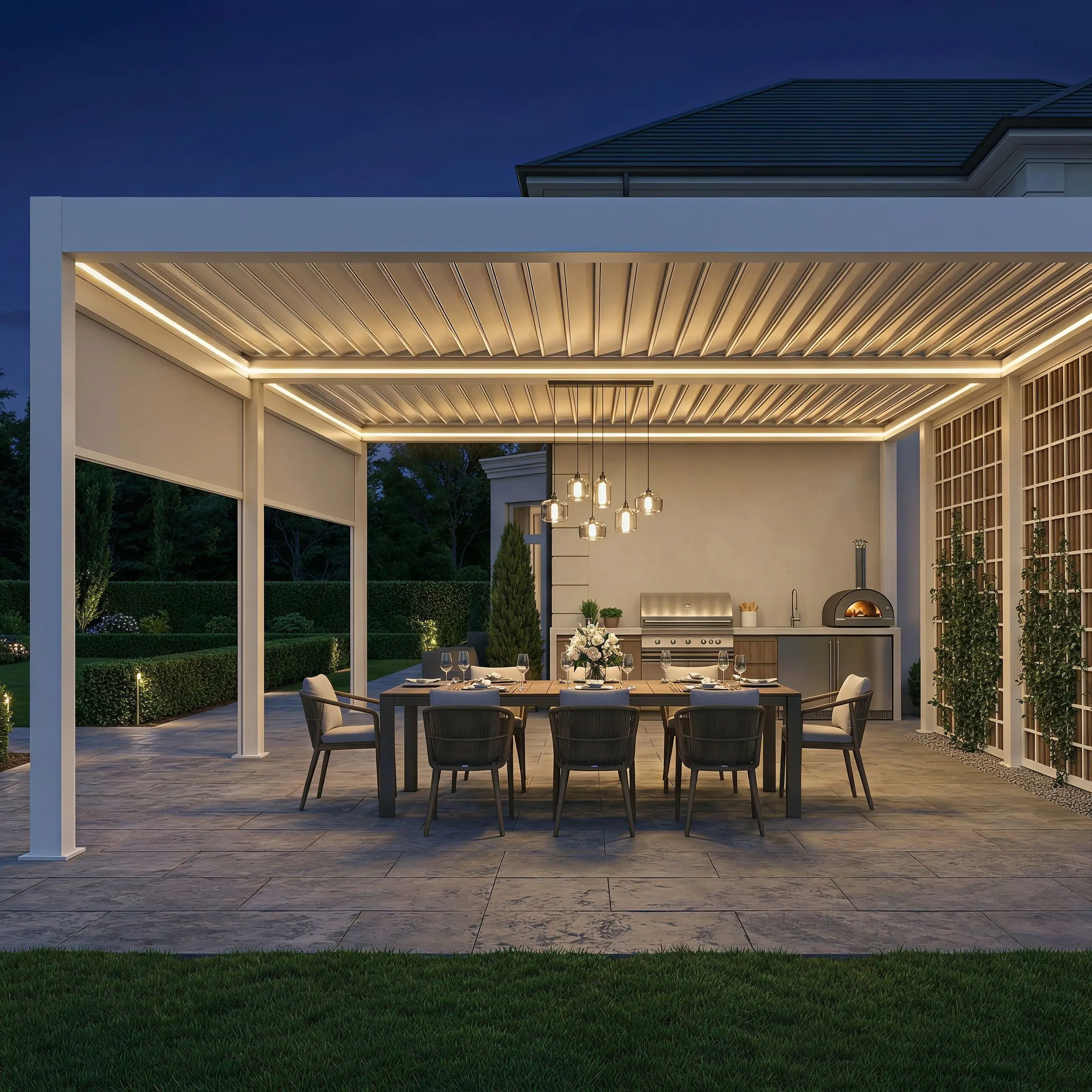 Family Backyard Aluminum Alloy Heavy Duty Pavilion with LED Lights Outdoor Entertainment Gazebo Rainproof Durable Pergola