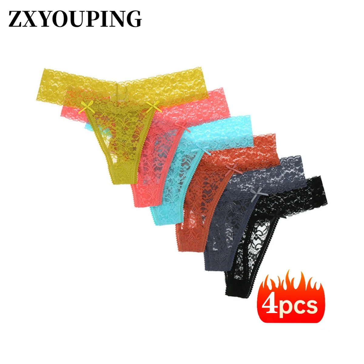 

4-piece set of women's lace underwear, seamless pants, transparent hollow jacquard low waist breathable underwear, antibacterial