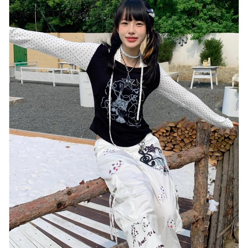 

Autumn New Black Color-Block Animal Print Large Neckline Women's Top Retro Design Fake 2-Piece Halter Long Sleeve T-Shirt Ladies