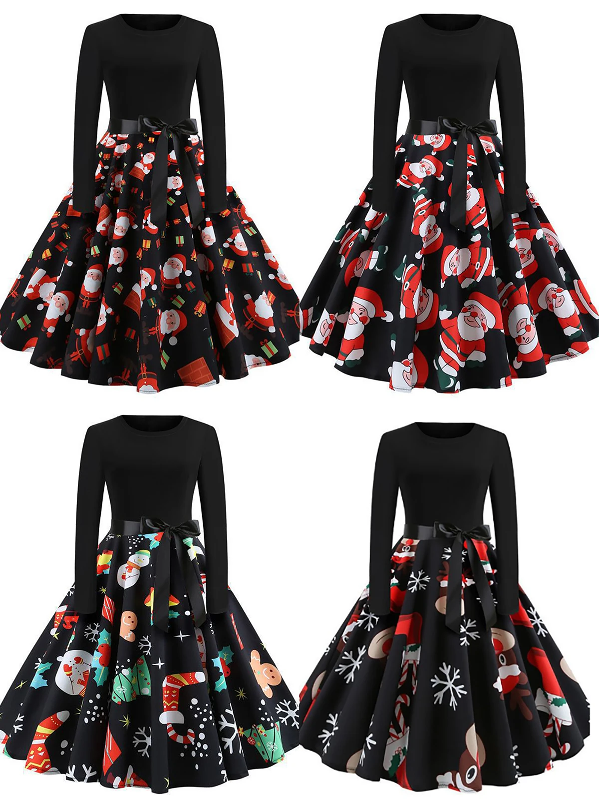 Women's Christmas Print Party Party Festive Dress Santa Pattern Puff Black Casual Fashion Long Dress