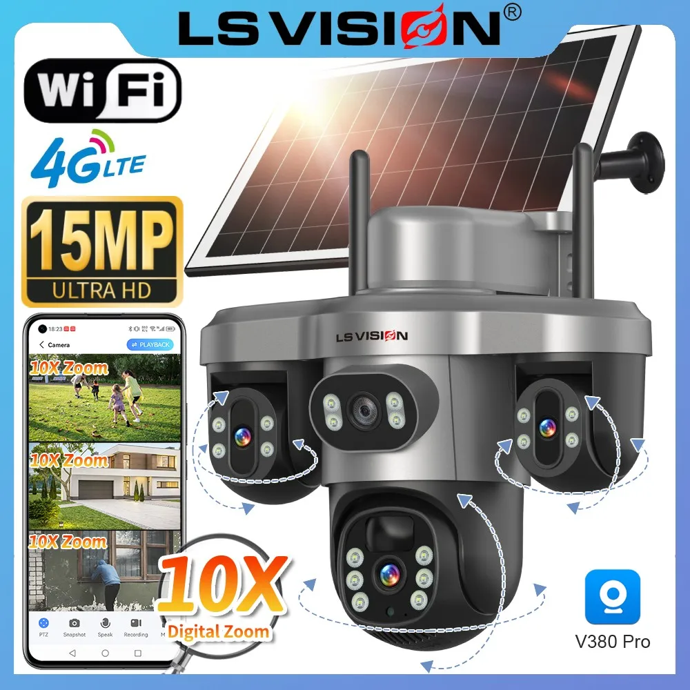 

LS VISION 15MP Three PTZ&Screen 4G Solar Camera WIFI Wireless CCTV 10X Zoom Auto Tracking Wifi Security V380 Pro Outdoor Cameras