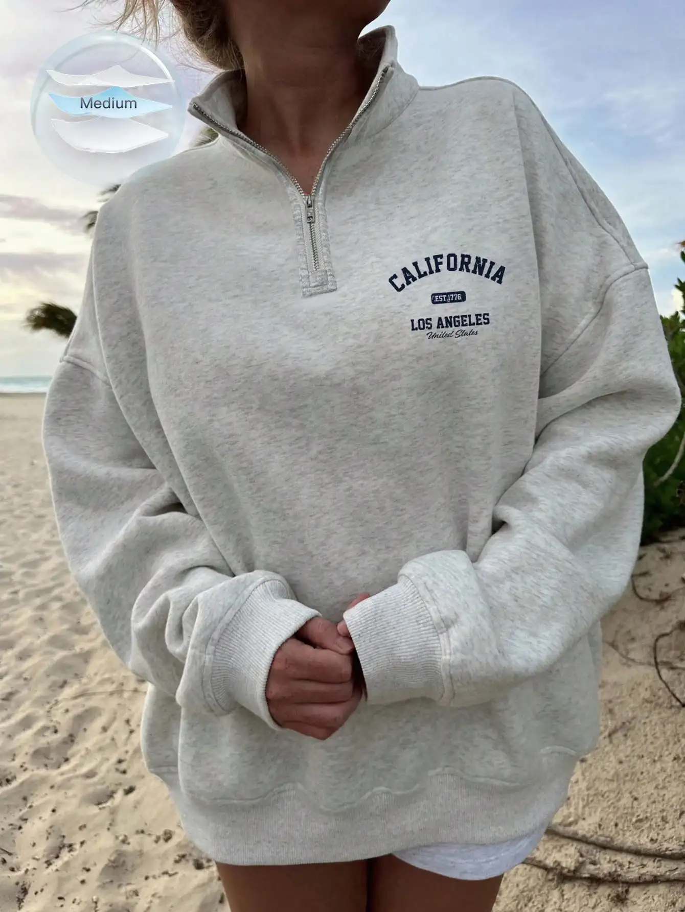 

Women's Oversized Half-Zip Pullover Sweatshirt in Heather Gray, Loose Fit with Arch Print