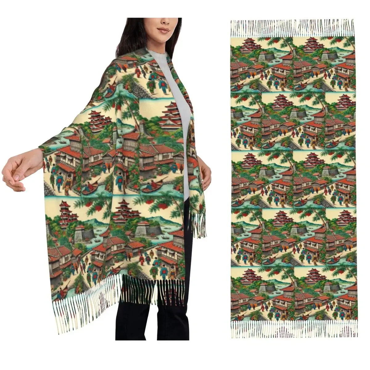 

Ryukyu Kingdom Castle Town Walk Шарф Шарфы с кисточками для женщин Мягкие теплые шали и накидки Большая осенне-зимняя шаль