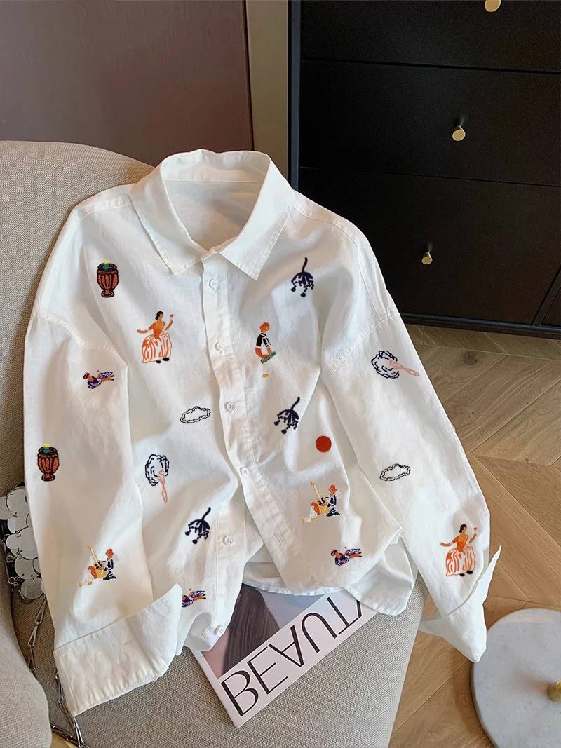 

Повседневная женская рубашка с длинным рукавом и круглым вырезом, свободного кроя, средней длины, с мультяшным принтом, омолаживающий дизайн