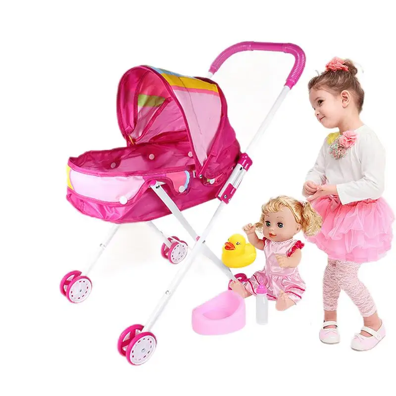 

Babies Doll Carriage Foldable Babies Doll Stroller Realistic 2 In 1 Toy Pram With Retractable Canopy And Soft Grip Handle For