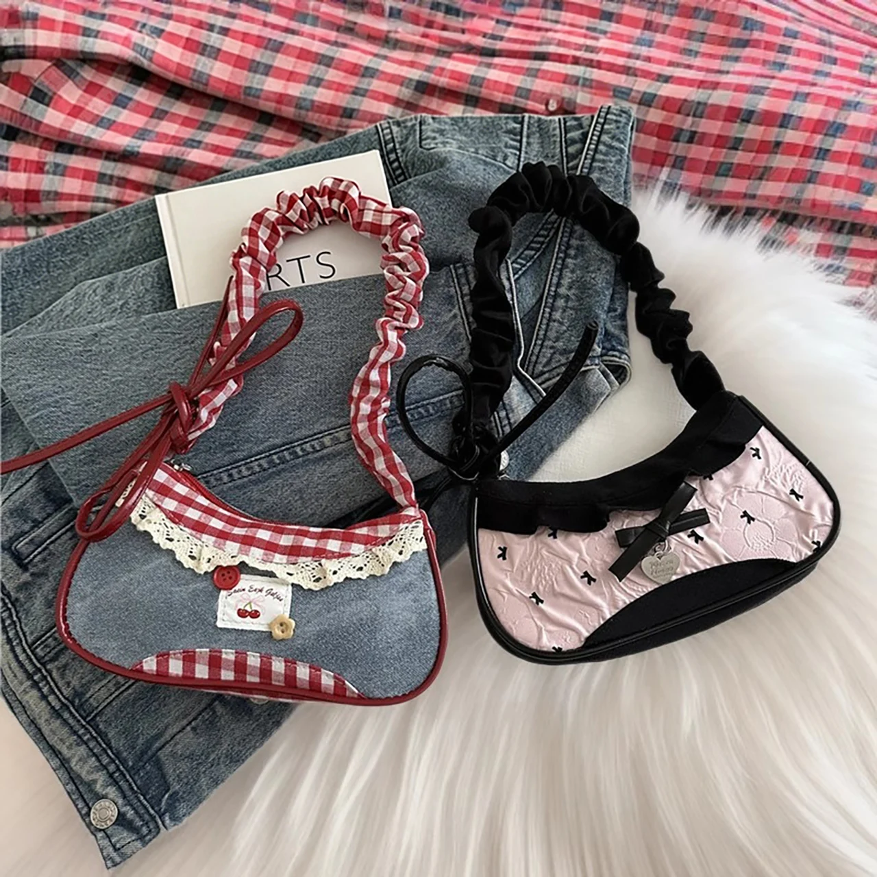 Fashionable Underarm Color-Blocked Shoulder Bag for Women's Handbag Red Checkered Tote Bags Korean Girl Messenger Bag Keys Phone