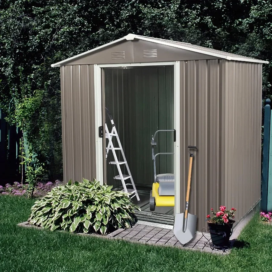 Outdoor Metal Storage Shed with Frame Floor, Waterproof Sloped Roof, Lockable Sliding Doors, Gray Finishideal for Backyard, Pat