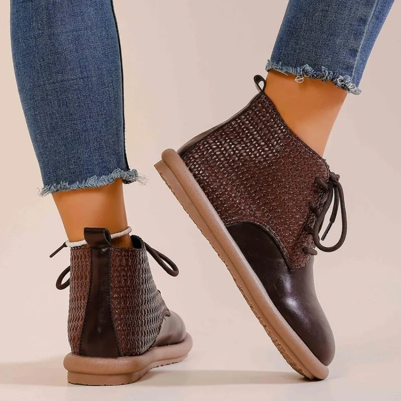 DRKANOL Autumn Winter Warm Flat Heel Ankle Boots For Women Handmade Retro Round Toe Genuine Leather Comfort Casual Short Boots