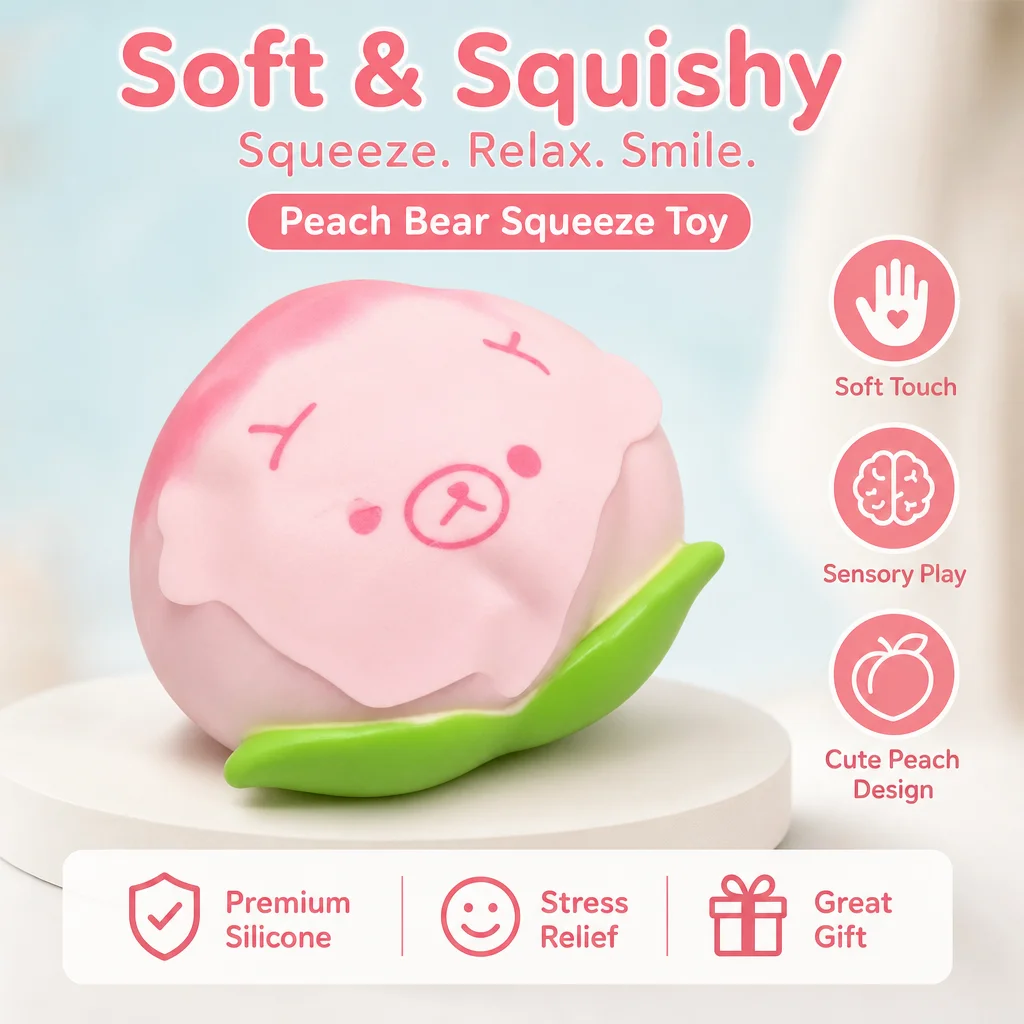 Food Gradient Pink Peach Shaped Squishy Toy Printed Lovely Sleeping Bear Expression Elastic Slow Rising Material Hand Squeeze