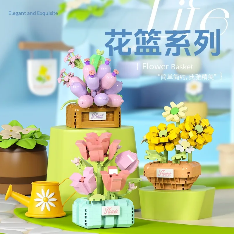 Succulent Flower Basket Model Building Blocks Kit Assembled Flowers Decoration Ornament Toy Girl Mother's Day Teacher's Day Gift