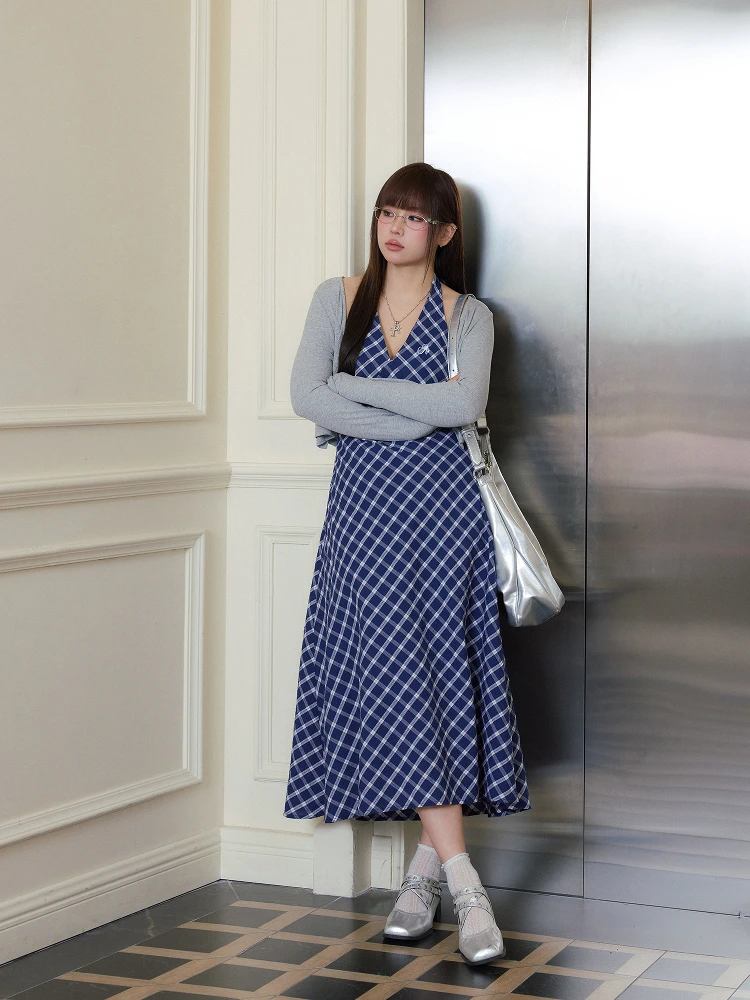 Falda de cintura alta estilo coreano para mujer, talla grande, a cuadros, vintage, adelgazante, de manga larga, estilo A-Line, para ir al trabajo