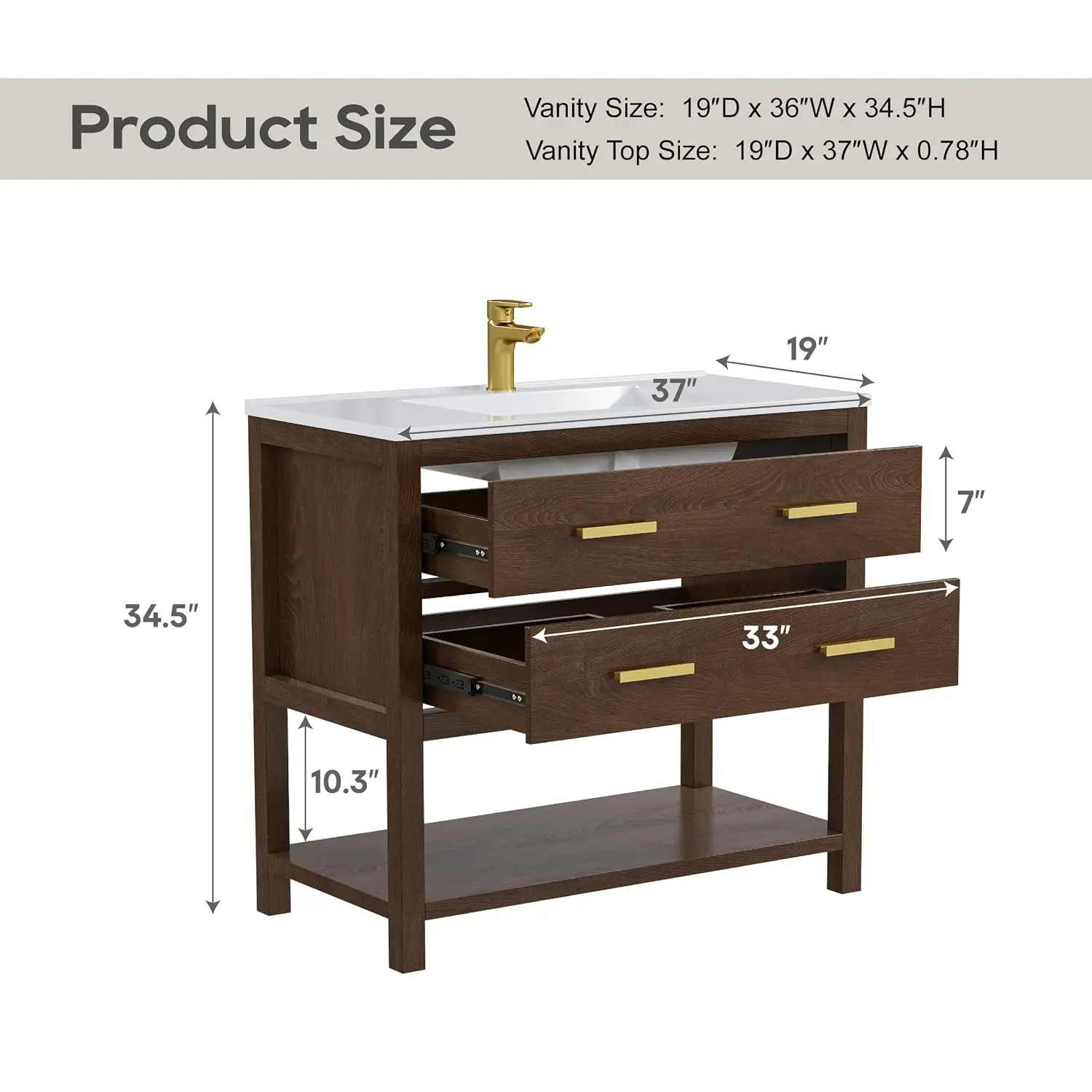 36 Inch Bathroom Vanity with Sink, Walnut, Customized