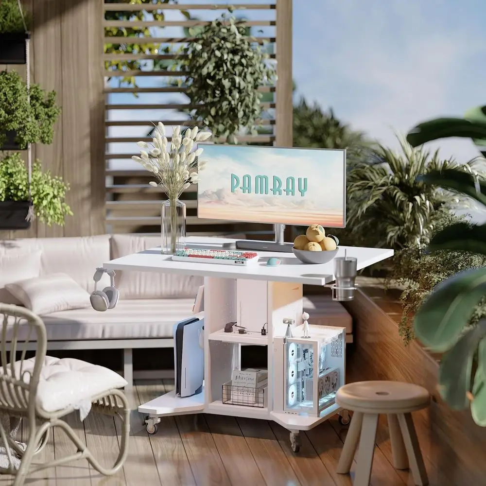 전원 콘센트, 수납 공간 및 페그보드가 있는 소형 공간용 컴팩트 LED 조명 게이밍 책상(화이트)