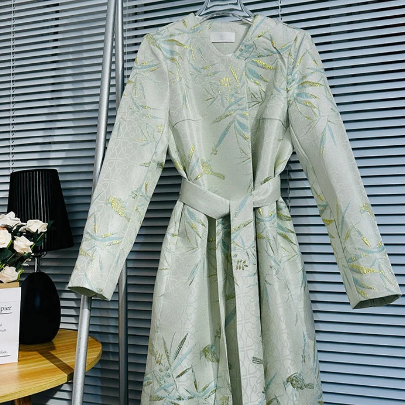

Весенне-осенняя куртка с тонкой талией, женское шелковое пальто средней длины в китайском стиле, элитная верхняя одежда с круглым вырезом из бамбуковых листьев