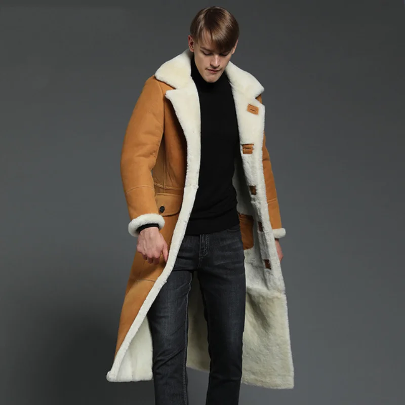 

Fur One Genuine Leather Jacket Men X-Long Coat 130CM Men's Sheepskin Winter Thicken Warm Learher Coats